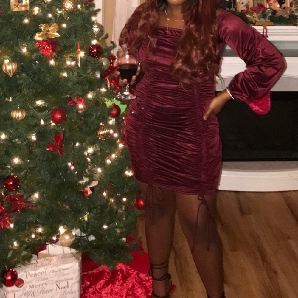 Wine Red Ruched Satin Dress